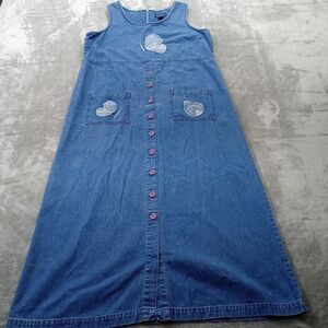 Vintage 90s‎ Denim Long Maxi Jean Jumper Dress Cottage Prairie Sz L Lagenlook